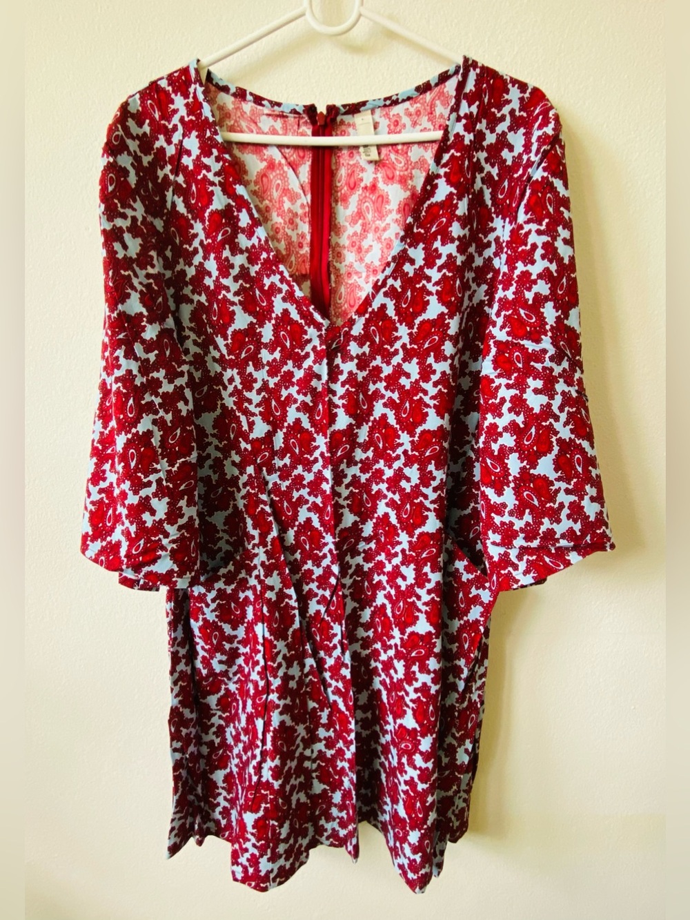 Boho Red Paisley Mini dress | Front Pockets (L)